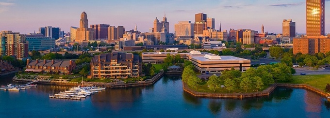 Buffalo NY skyline, viewed over the water. 