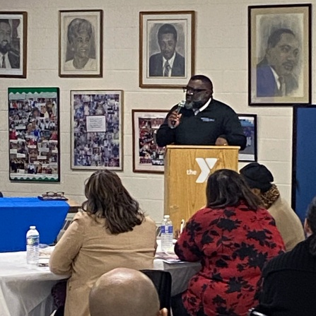 Zoom image: LaGarret King at the podium for the event marking the 70th anniversary of Brown v. Board of Education. 