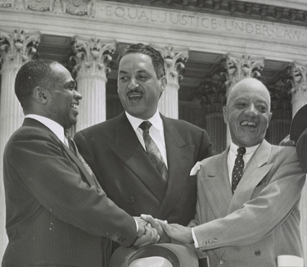 Zoom image: Pictured, from left, George Edward Chalmer Hayes, Thurgood Marshall, and James Nabrit Jr., in front of the Supreme Court building, in 1954 after winning the landmark case, Brown v. Board of Education. Photo courtesy of Wikimedia Commons. 