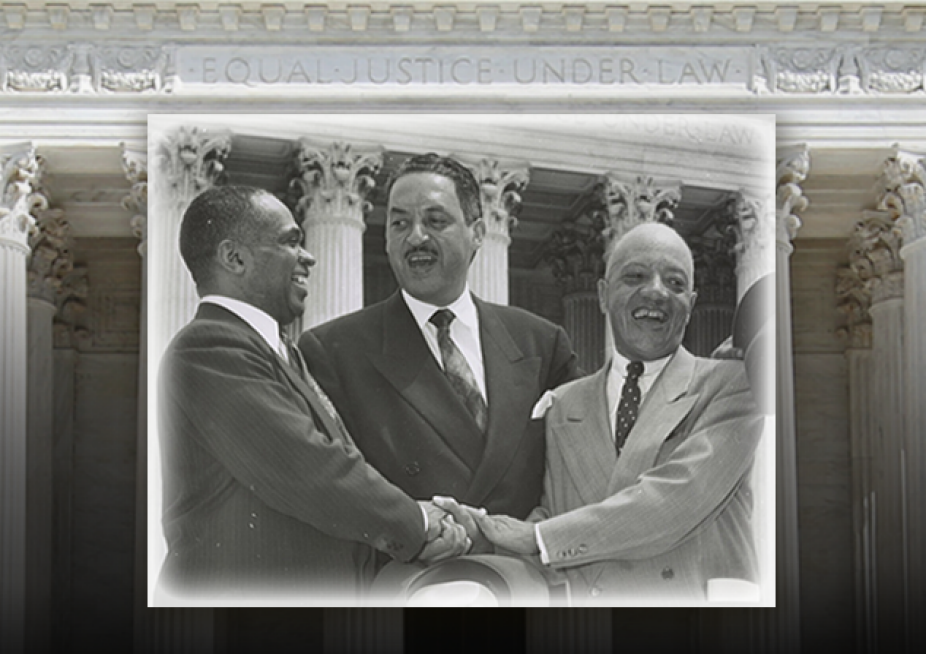 Zoom image: Pictured, from left, George Edward Chalmer Hayes, Thurgood Marshall, and James Nabrit Jr., in front of the Supreme Court building, in 1954 after winning the landmark case, Brown v. Board of Education. Photo courtesy of Wikimedia Commons. 