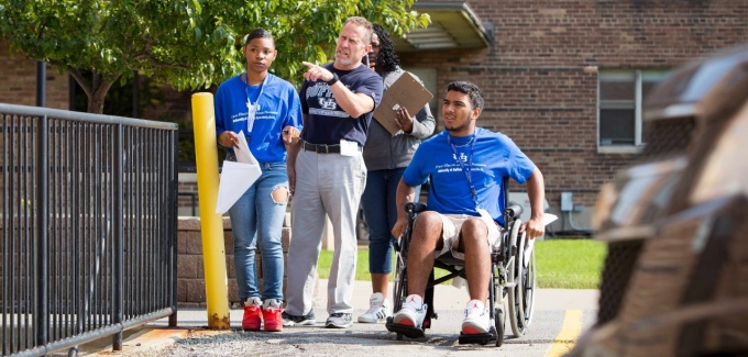 Participants in the School of Public Health and Health Professions 2017 Public Health Summer Camp take part in lesson about community accessibility for people with disabilities at Kimball.Photographer: Meredith Forrest Kulwicki.