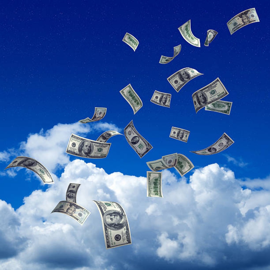 Money falling from above, Stock photo via Canva Pro, 2020.