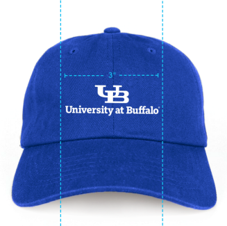 A diagram that shows the proper size and placement of the master brand mark on the front of a hat.