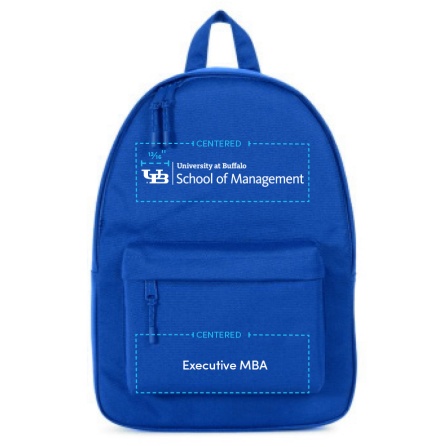 A diagram that shows the proper size and placement of a brand extension lockup on a backpack in conjunction with a sub-brand name in text.