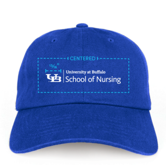 A diagram that shows the proper size and placement of a brand-extension lockup on the front of a hat.