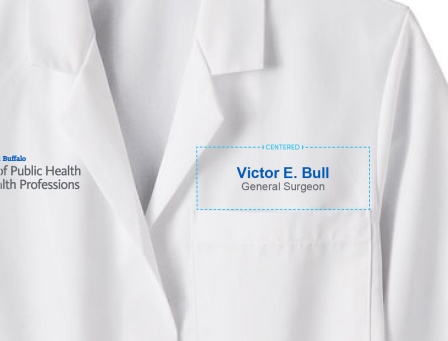 A diagram that shows the proper size and placement of personalization on a lab coat in conjunction with a lockup.