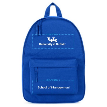 A diagram that shows the proper size and placement of the master brand mark on a backpack in conjunction with a brand-Extension name in text.