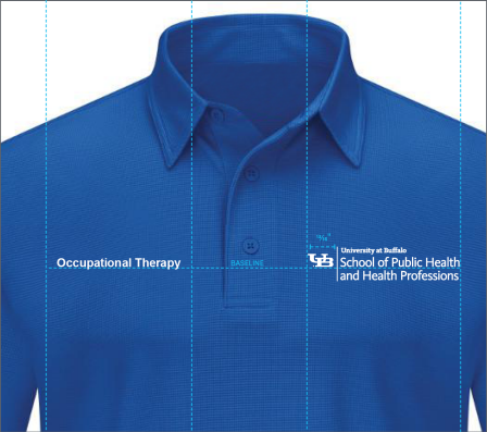 A diagram that shows the proper size and placement of a lockup on a polo shirt with a sub-brand name in type.