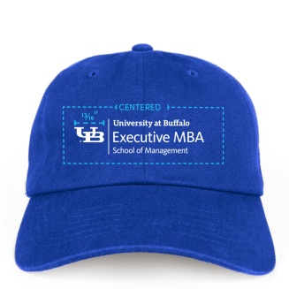 A diagram that shows the proper size and placement of a sub-brand lockup on the front of a hat.