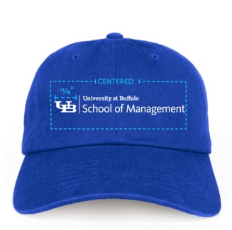 A diagram that shows the proper size and placement of a brand extension lockup on the front of a hat.