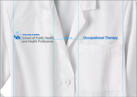A diagram that shows the proper size and placement of a lockup on a lab coat with the sub-brand name written in type.