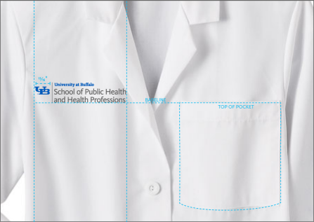 A diagram that shows the proper size and placement of a lockup on a lab coat.