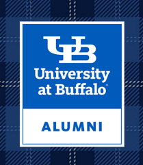 Alumni mark on plaid background.