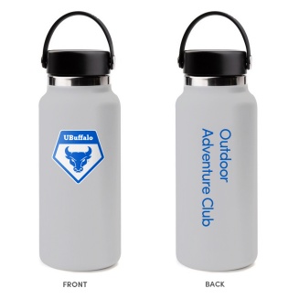 An example of a water bottle with club name shown in UB Blue text color on a light background.