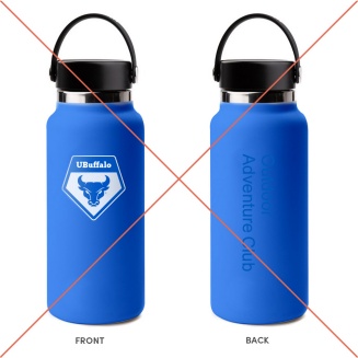 An incorrect example of a water bottle with club name shown in UB Blue text color on a dark-colored background.