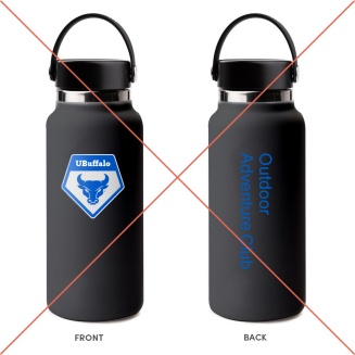 An incorrect example of a water bottle with club name shown in UB Blue text color on a dark-colored background.