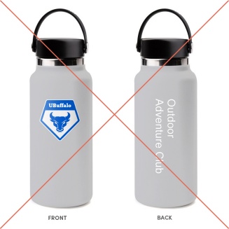 An incorrect example of a water bottle with club name shown in Hayes Hall White text color on a light background.