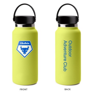 An example of a water bottle with club name shown in UB Blue text color on a light background.