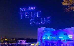 Students attend the Welcome Back Blast Pep Rally and drone show on the Student Union Field at the end of Welcome in August 2023. Photographer: Douglas Levere.