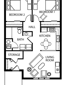 Zoom image: Floor plan of 2 bed / 1 bath apartment in Creekside Village.