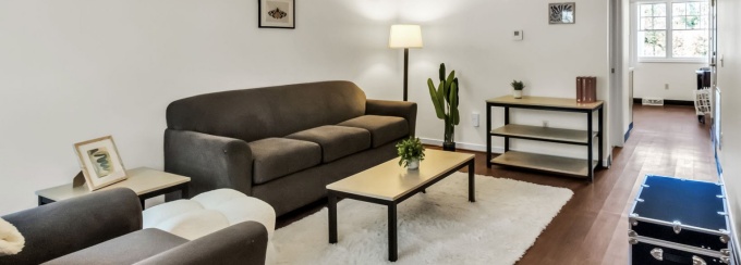 Staged living room in Flickinger Court apartment.