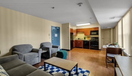 Staged living room in a Flint Village apartment.