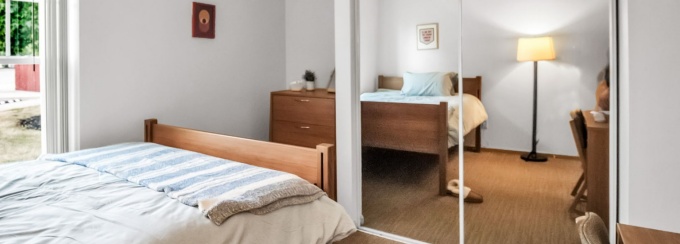 Staged bedroom in a Hadley Village apartment.
