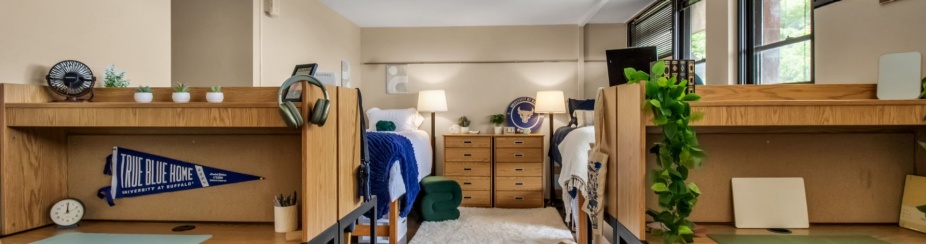 Staged quad bedroom in Ellicott Complex.