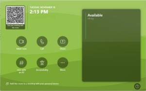 Screenshot of Logitech home screen with icons for: meet now, call, share, joing with an ID, accessibility, and more.