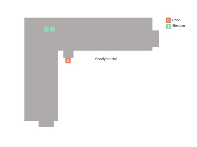 drawing map of Goodyear Hall with Doors and Elevators marked. 