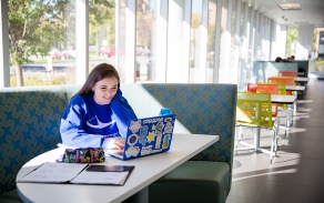 Student looking at a laptop at a table.