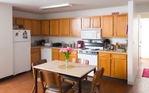 Kitchen space in an on-campus apartment.