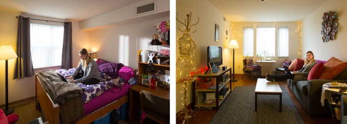Split image of a resident in her bedroom and living room.