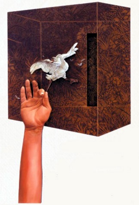 María Brito, Self-Portrait as a Swan, 2001 Oil on wood, 30" x 37".