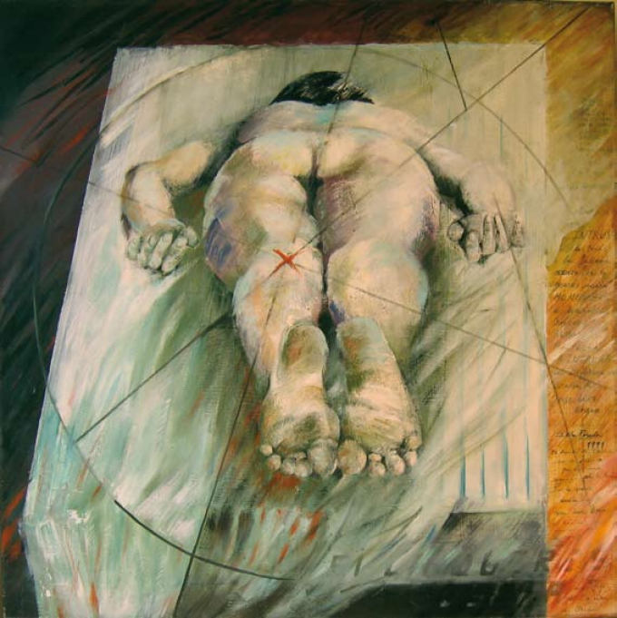 Estela Pereda, "Si la querés, usála" (If You Want Her, Use Her), 1991, 39.5” x 39.5”, oil on canvas.