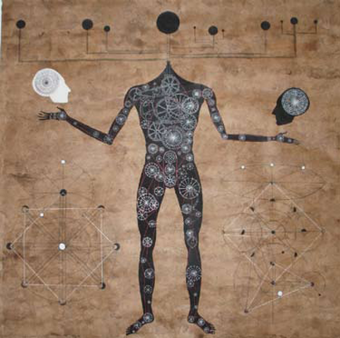 Carlos Estévez, El inmortal (The Immortal), 2006, 46” x 46”, tempera and pencil on amate paper.