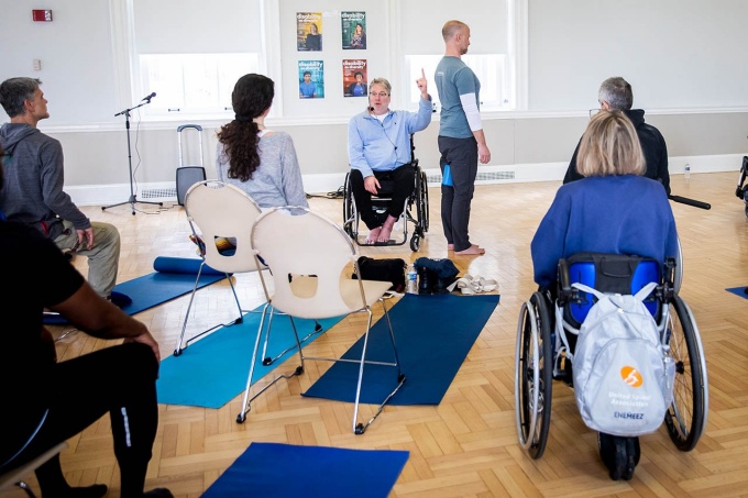 Matthew Sanford, founder of the nonprofit Mind Body Solutions, sharing his expertise and adaptive yoga practices with students, faculty, and staff in the Harriman Hall ballroom. 