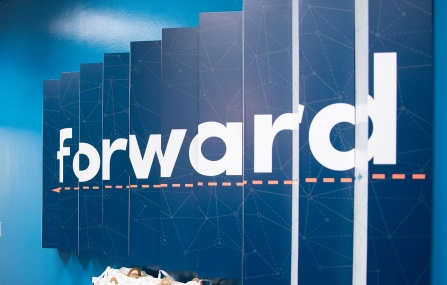 Forward sign inside the UB Career Design Center.