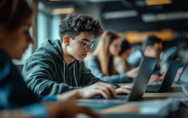 AI generated image of a student working on a laptop. 