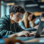 AI generated image: A student sitting at a desk typing on a laptop keyboard. 