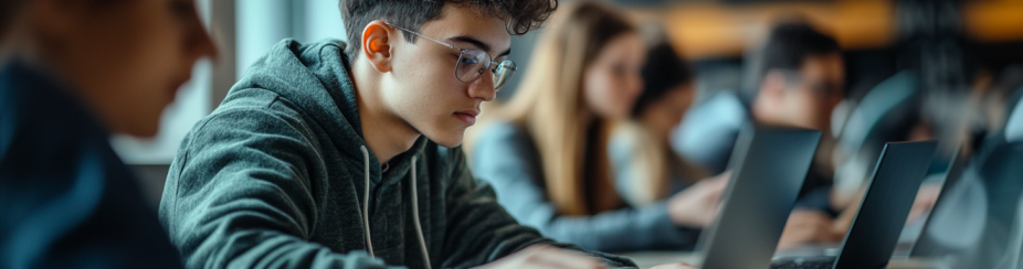 AI generated image: A student sitting at a desk typing on a laptop keyboard. 