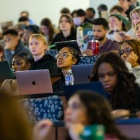 The first day of the spring semester in Knox Lecture Hall on North Campus in January 2024. Photographer: Douglas Levere. 