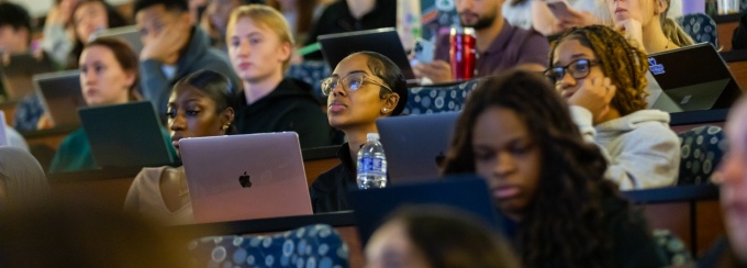The first day of the spring semester in Knox Lecture Hall on North Campus in January 2024. Photographer: Douglas Levere.
