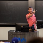 An instructor teaching on the first day of class in the Natural Sciences Complex for the fall semester in August 2022. 