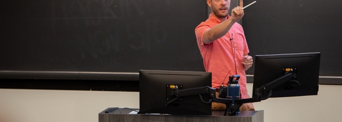 An instructor teaching on the first day of class in the Natural Sciences Complex for the fall semester in August 2022. 