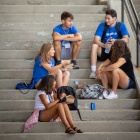 Students sitting on the stairs outside of Capen Hall during Honors College orientation. 