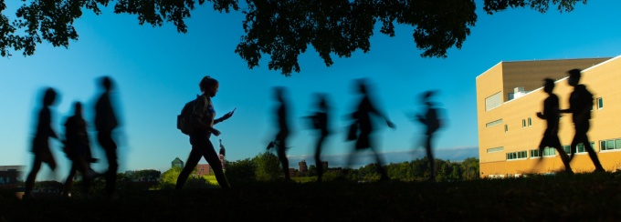 Students walking silhouetted by the shadow of a tree. 