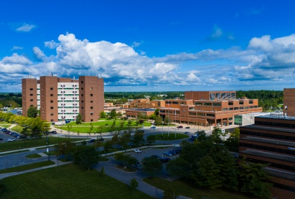 Exterior aerial image the North Campus in the fall. 