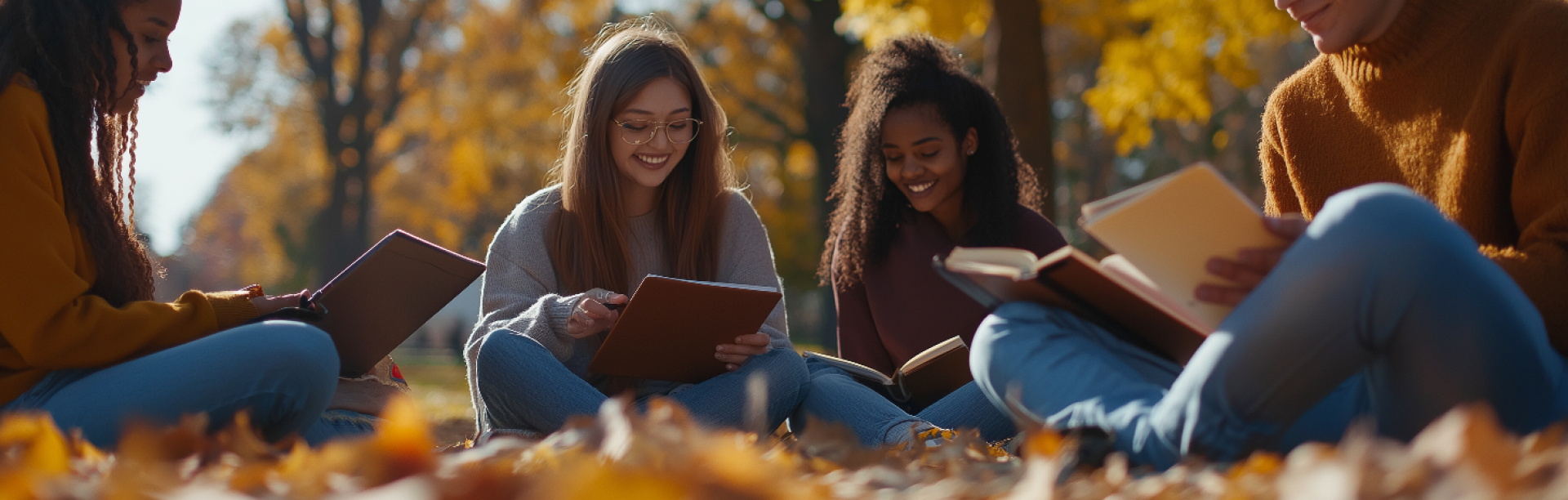 Students sitting in a grassy area surrounded by leaves studying. 