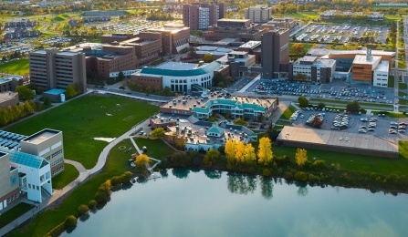 Baird Point and Lake La Salle at dusk (the blue hour) on North Campus in the fall of 2018. Photographer: Douglas Levere.